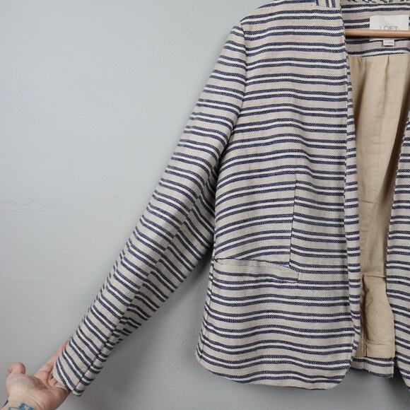 LOFT Linen Blend Striped Blazer Jacket Sz 12 Beige Navy Pleated Peplum Collarles - Picture 12 of 12